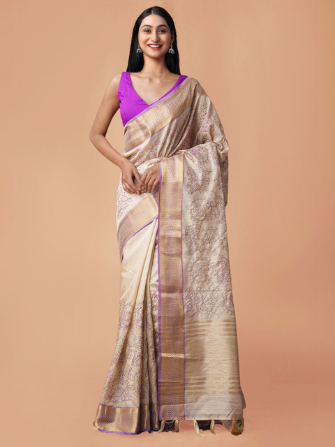 

Unnati Silks Brown & Purple Ethnic Motifs Zari Silk Cotton Maheshwari Saree