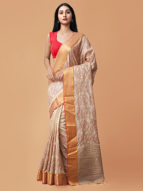 

Unnati Silks Brown & Red Floral Zari Maheshwari Jute Sico Saree
