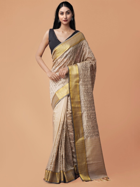 

Unnati Silks Taupe & Gold Ethnic Motifs Zari Silk Cotton Maheshwari Saree