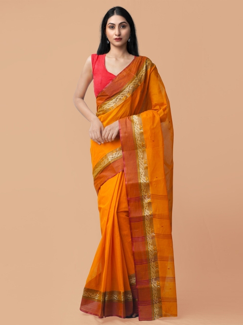 

Unnati Silks Orange & Brown Woven Design Pure Cotton Taant Saree