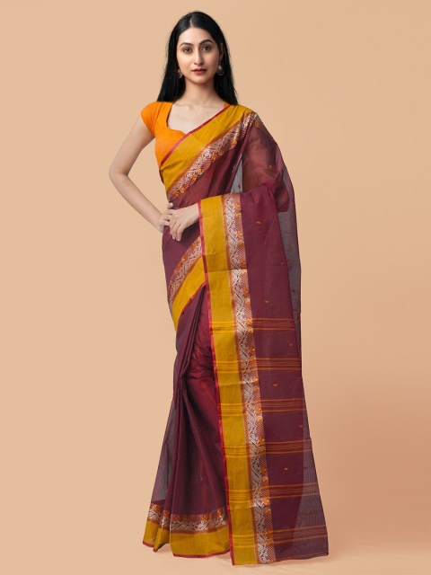 

Unnati Silks Maroon & Yellow Zari Pure Cotton Taant Saree