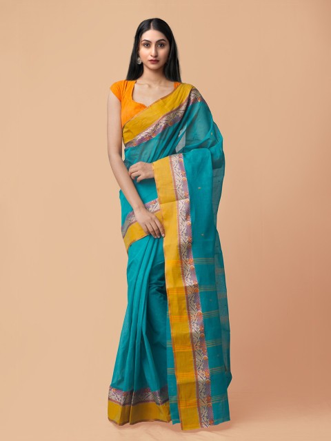 

Unnati Silks Teal & Yellow Woven Design Pure Cotton Taant Saree