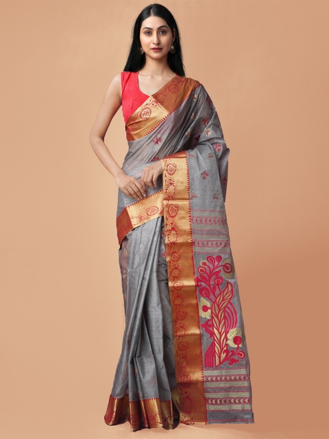 

Unnati Silks Grey & Red Woven Design Zari Pure Bengal Cotton Taant Saree