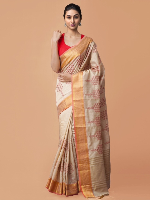 

Unnati Silks Beige & Maroon Zari Jute Cotton Maheshwari Saree