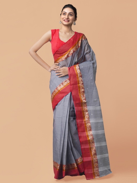 

Unnati Silks Grey & Red Woven Design Pure Cotton Bengal Taant Saree