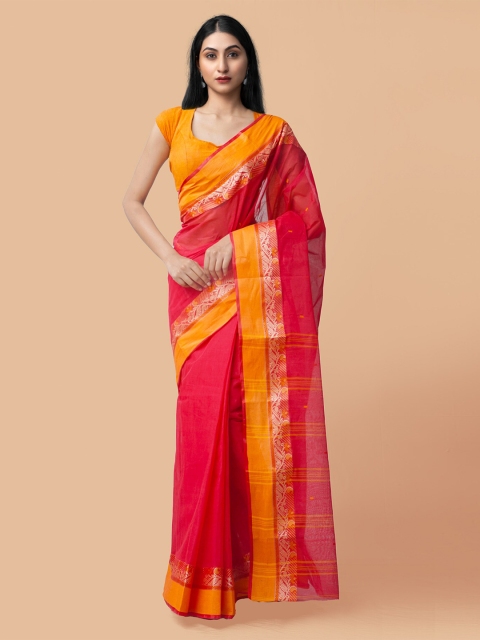 

Unnati Silks Red & Yellow Woven Design Pure Handloom Sustainable Bengal Taant Cotton Saree