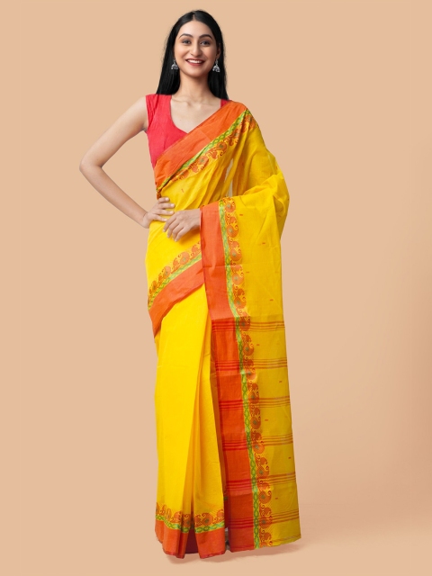 

Unnati Silks Yellow & Red Pure Handloom Sustainable Bengal Cotton Taant Saree