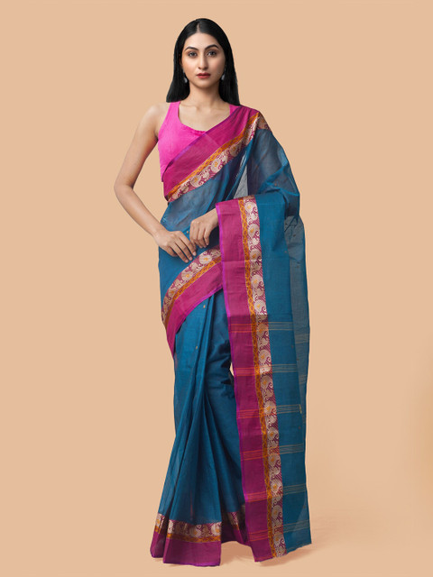 

Unnati Silks Blue & Gold-Toned Handloom Woven Design Pure Cotton Taant Saree