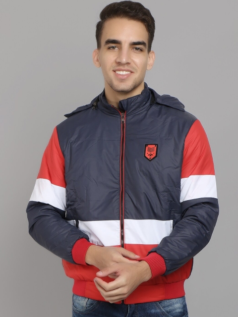 

IMT Men Navy Blue Red Colourblocked Lightweight Bomber with Patchwork Jacket