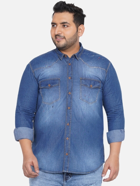 

John Pride Men Blue Faded Denim Plus Size Casual Shirt