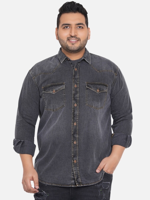 

John Pride Men Black Faded Plus Size Denim Casual Shirt