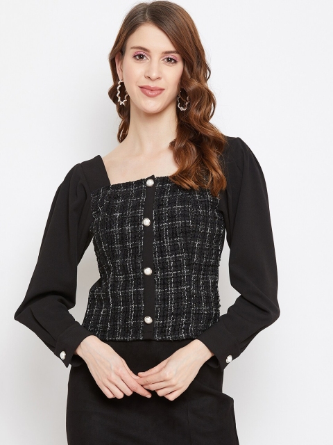 

Madame Women Black Checked Square Neck Cotton Blend Top