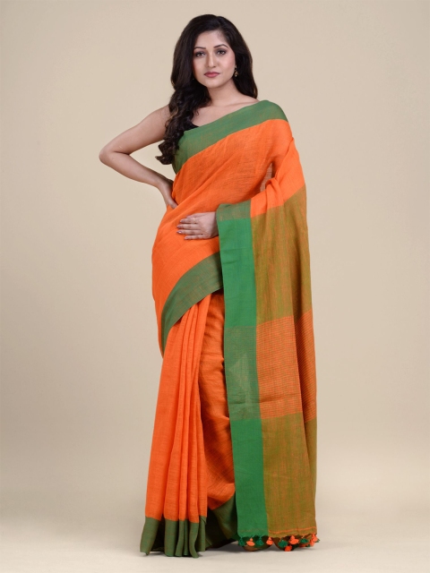 

Charukriti Orange & Green Pure Linen Saree
