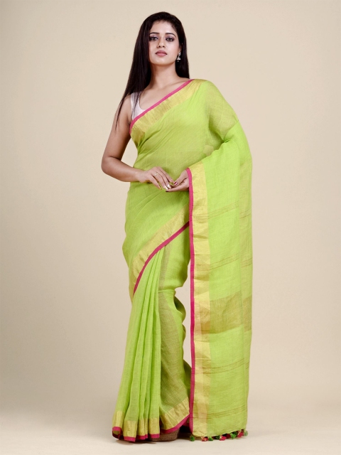

Charukriti Green & Pink Zari Pure Linen Saree