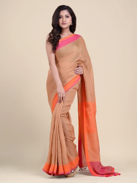

Charukriti Beige & Pink Colourblocked Pure Linen Saree
