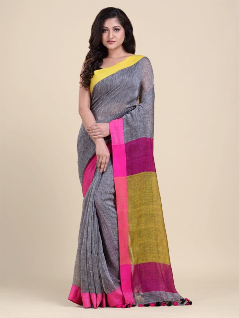 

Charukriti Grey & Pink Pure Linen Saree