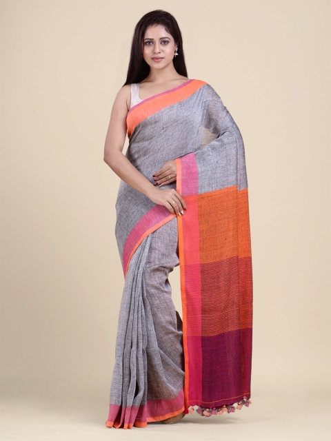 

Charukriti Grey & Orange Pure Linen Saree