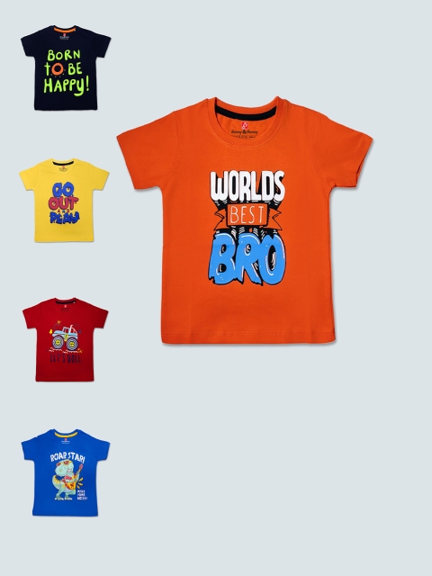 Benny n Bunny Boys Multicoloured Typography 5 Printed Pure Cotton Applique T-shirt, Multi