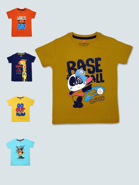 

Benny n Bunny Boys Multicoloured Typography 5 Printed Pure Cotton Applique T-shirt, Multi