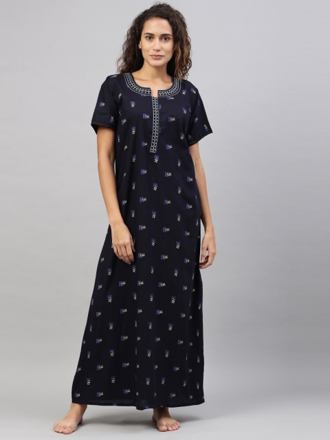

TRUNDZ Woman Navy Blue Printed Organic Cotton Maxi Nightdress
