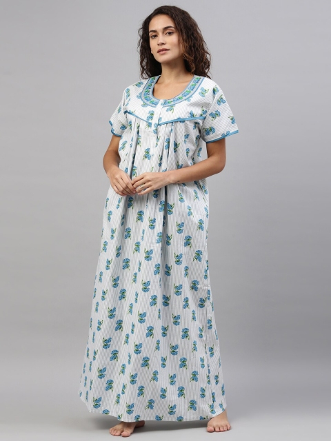 

TRUNDZ White & Blue Printed Organic Cotton Maxi Nightdress