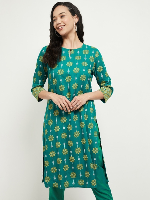 

max Women Green Quirky Printed Keyhole Neck Kurta