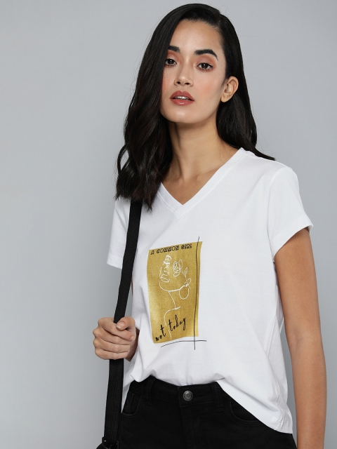 

Flying Machine Women White Printed V-Neck Pure Cotton T-shirt