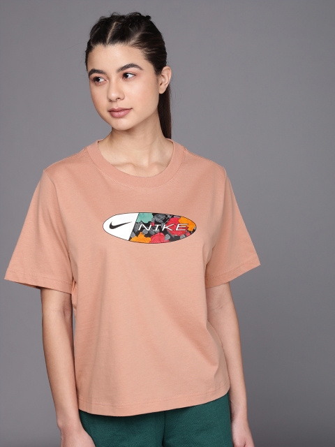 

Nike Women Peach-Coloured Printed Drop-Shoulder Loose Pure Cotton BOXY ICON CLASH T-shirt