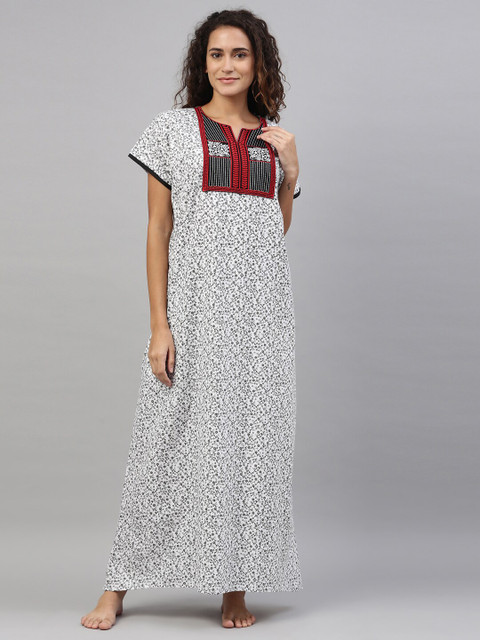 

TRUNDZ Women White Printed Organic Cotton Maxi Nightdress