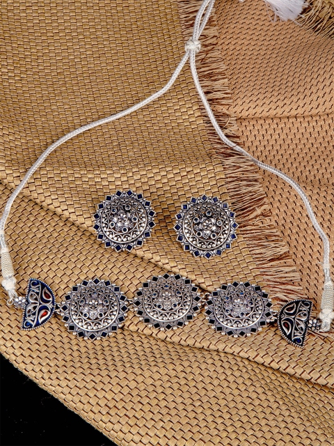 

Studio Voylla Silver-Toned Brass Silver-Plated Enamelled Necklace