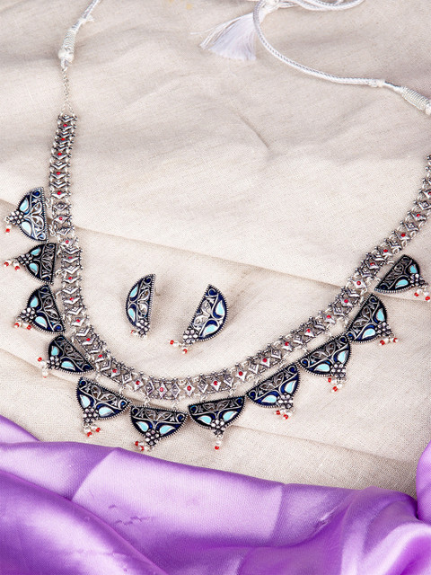 

Studio Voylla Oxidized Silver Plated & Blue Enamelled Tribal Jewellery Set