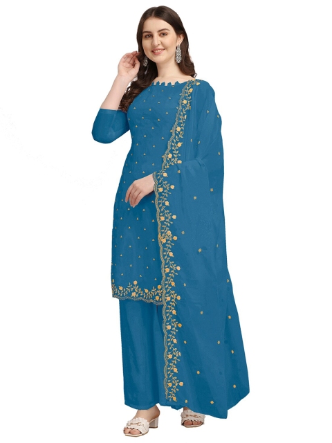 

Ethnic Junction Blue & Beige Embroidered Unstitched Dress Material