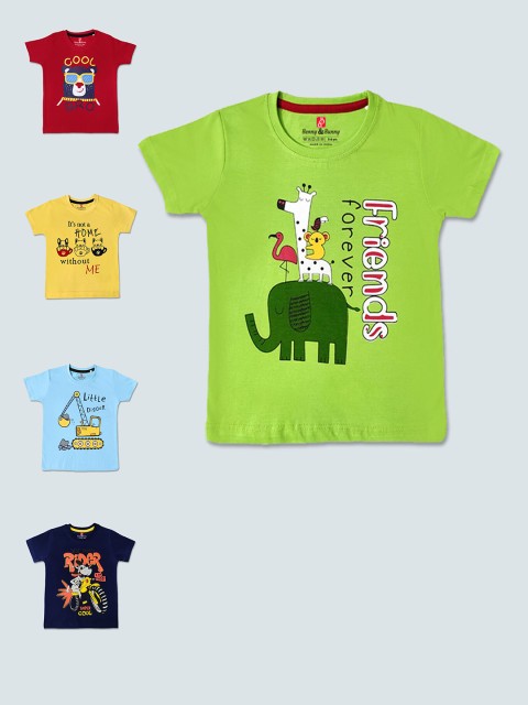 

Benny n Bunny Boys Multicoloured 5 Printed Pure Cotton Applique T-shirt, Multi
