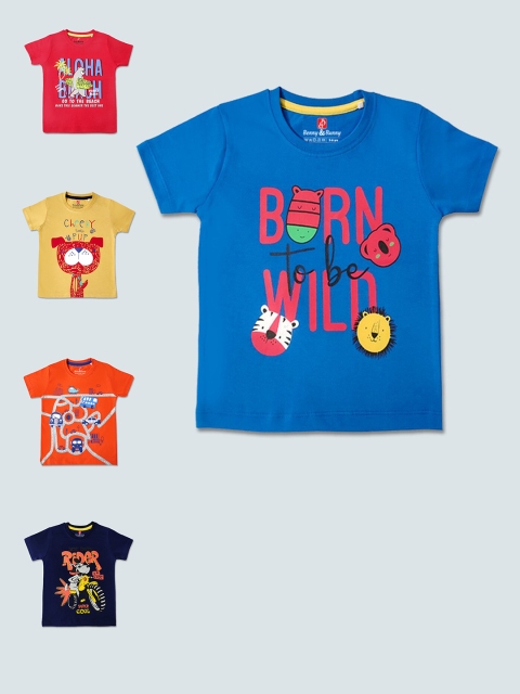 

Benny n Bunny Boys Multicoloured Typography 5 Printed Pure Cotton Applique T-shirt, Multi