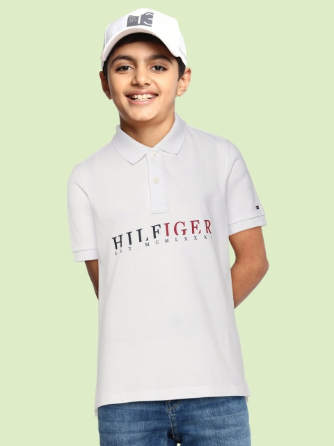 

Tommy Hilfiger Boys White Brand Logo Printed Polo Collar Cotton Regular Fit T-shirt