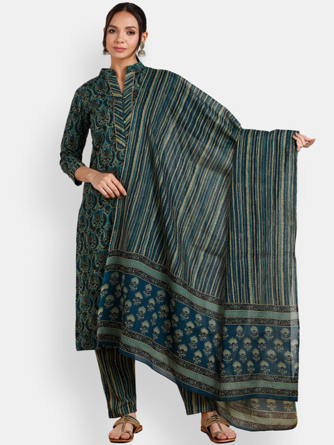 

VEDANA Women Grey Ethnic Motifs Printed Pure Cotton Kurta with Salwar & With Dupatta