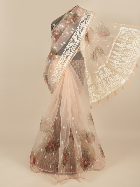 

Pothys Peach-Coloured & Green Floral Embroidered Saree