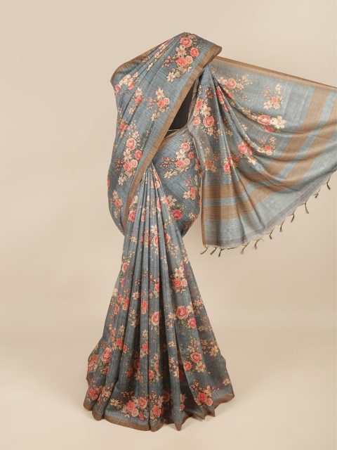 

Pothys Grey & Pink Cotton Blend Floral Saree