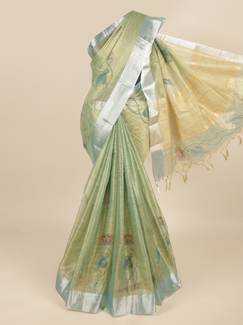 

Pothys Green & Silver-Toned Floral Printed Saree
