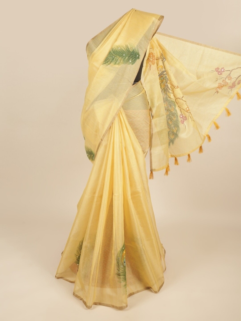 

Pothys Yellow & Green Floral Mirror Work Saree