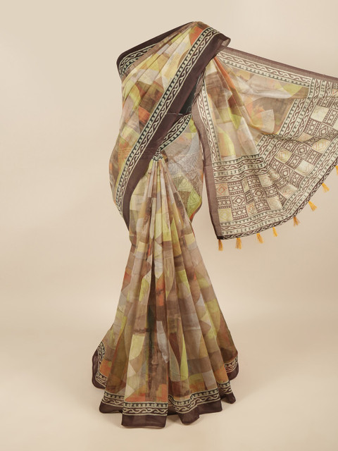 

Pothys Yellow & Brown Geometric Printed Cotton Blend Saree