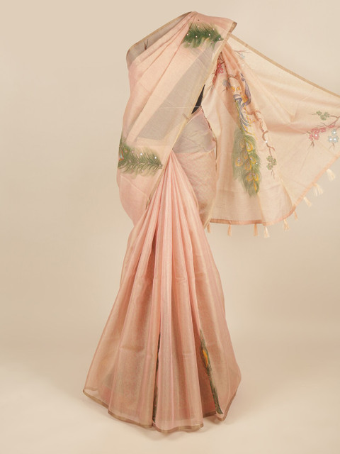 

Pothys Pink & Green Floral Mirror Work Saree