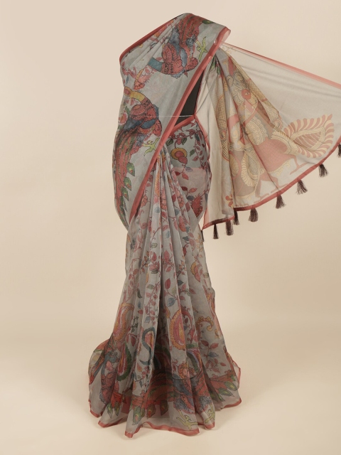 

Pothys Grey & Brown Cotton Blend Floral Saree