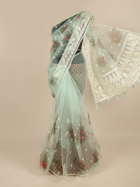 

Pothys Blue Floral Printed & Embroidered Tissue Cotton Saree