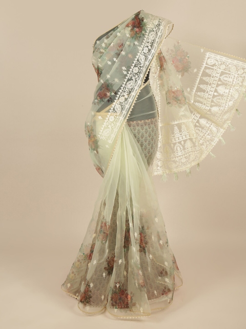 

Pothys Green Floral Printed & Embroidered Tissue Cotton Saree