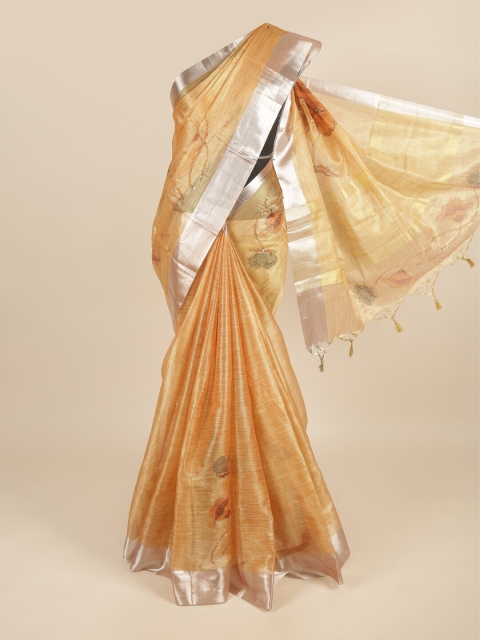 

Pothys Orange & Silver-Toned Floral Embroidered Saree