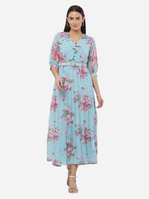 Ashnaina Turquoise Blue & Pink Floral Printed Accordion Pleated Georgette Maxi Dress