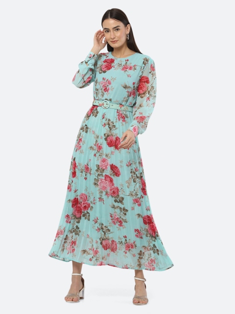 

Ashnaina Sea Green & Pink Floral Printed Accordion Pleated Georgette Maxi Dress