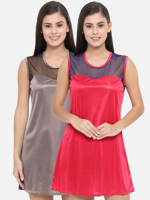 

Klamotten Red & Taupe Pack Of 2 Babydoll Nightdress