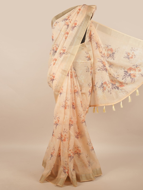 

Pothys Peach-Coloured & Grey Floral Linen Blend Saree